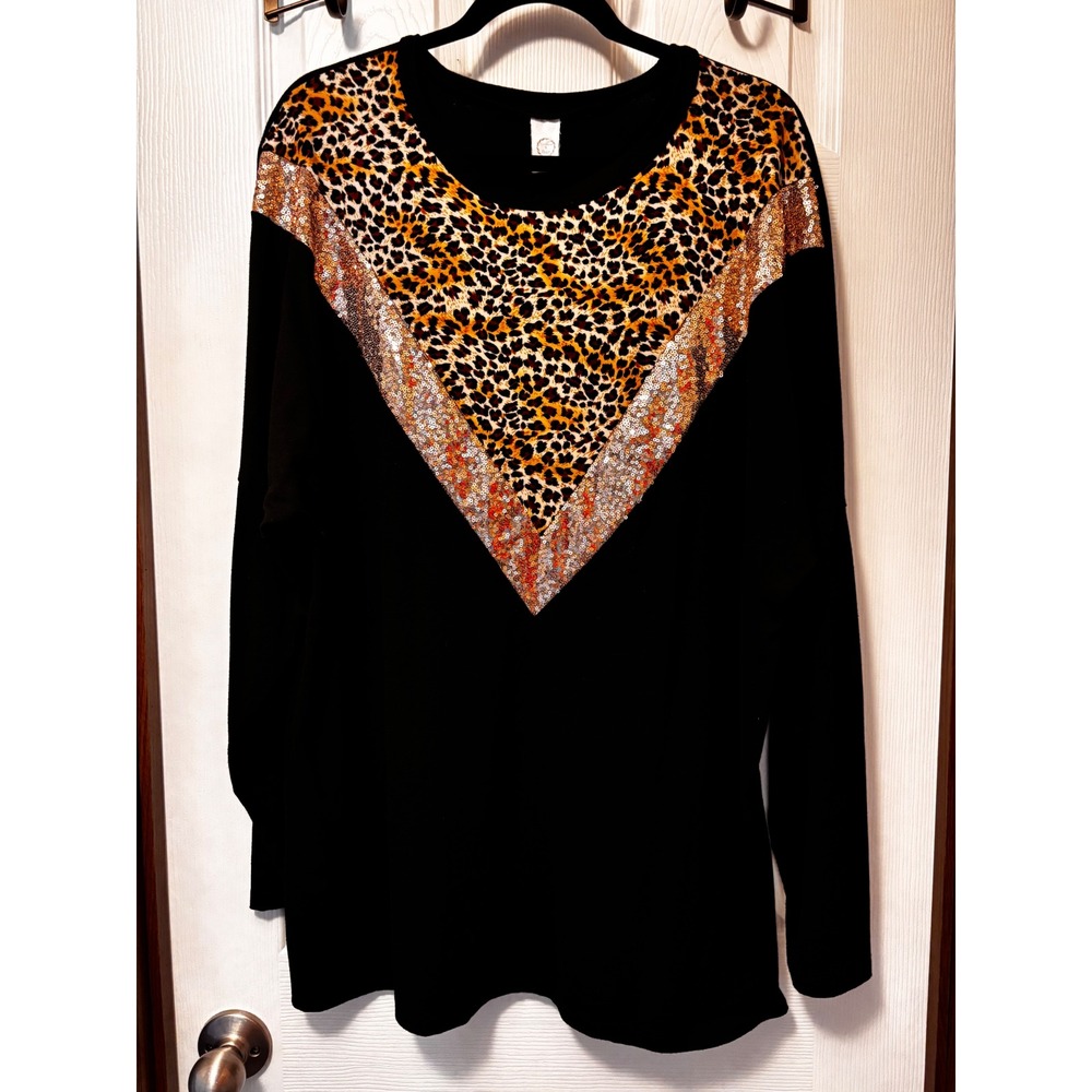 Sunshine & Rodeos Black Leopard Print Sequin Chevron Long Sleeve Top 2XL